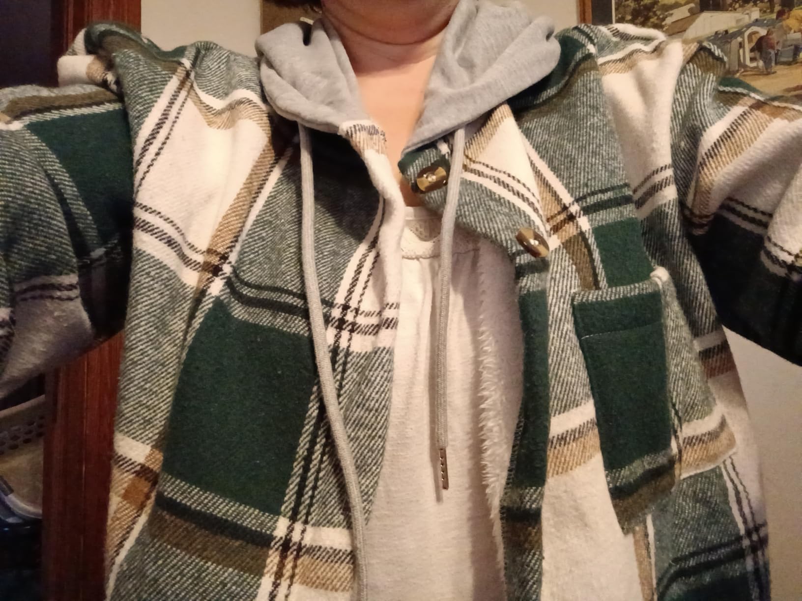 CHICME Womens Casual Jacket Plaid Hooded Fleece Lined Shacket customer photo 1