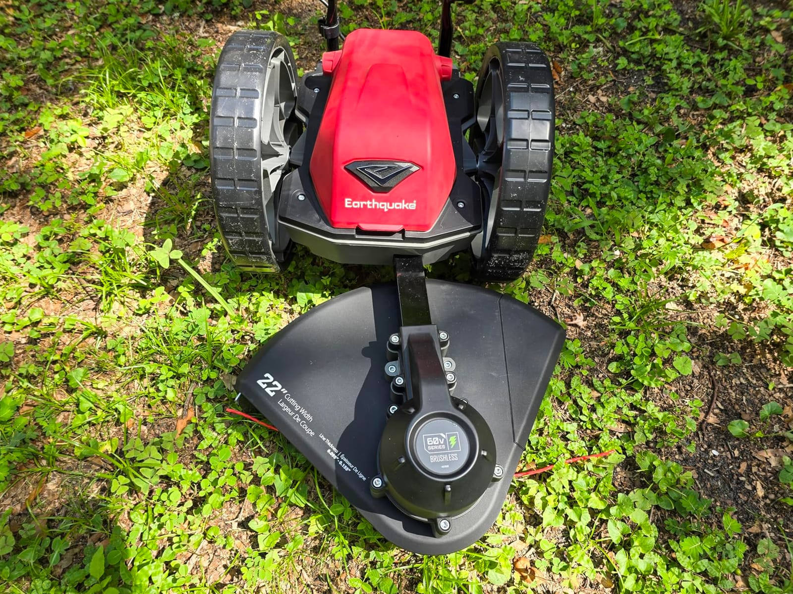 Earthquake 60V Walk Behind String Mower, Includes Two 4Ah Batteries, 22” Cutting Diameter, Three Cutting Speed Dial, 14” Never-Go-Flat Wheels, Easy Assembly, Adjustable Handlebar, Model #44965 customer photo 1