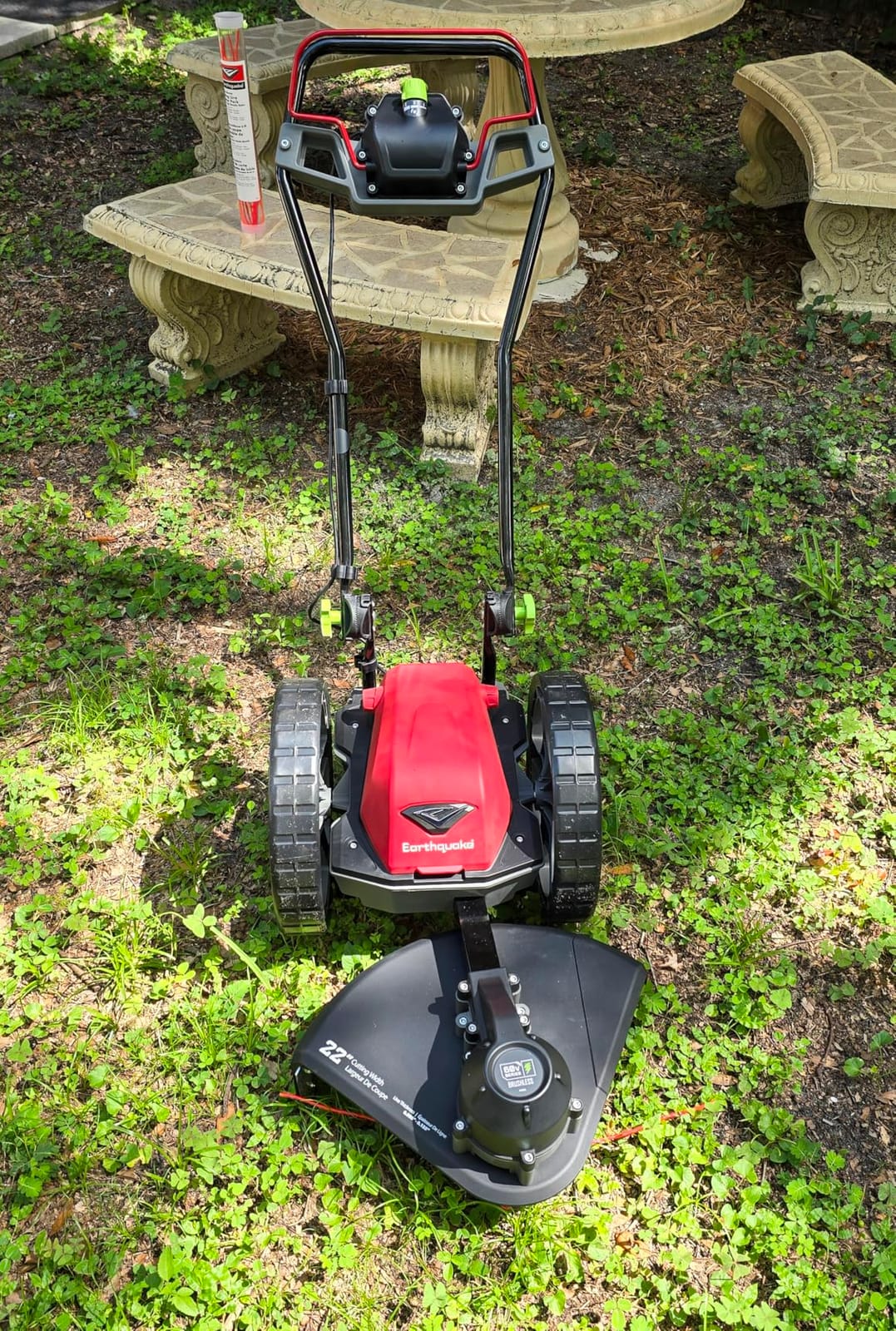 Earthquake 60V Walk Behind String Mower, Includes Two 4Ah Batteries, 22” Cutting Diameter, Three Cutting Speed Dial, 14” Never-Go-Flat Wheels, Easy Assembly, Adjustable Handlebar, Model #44965 customer photo 2