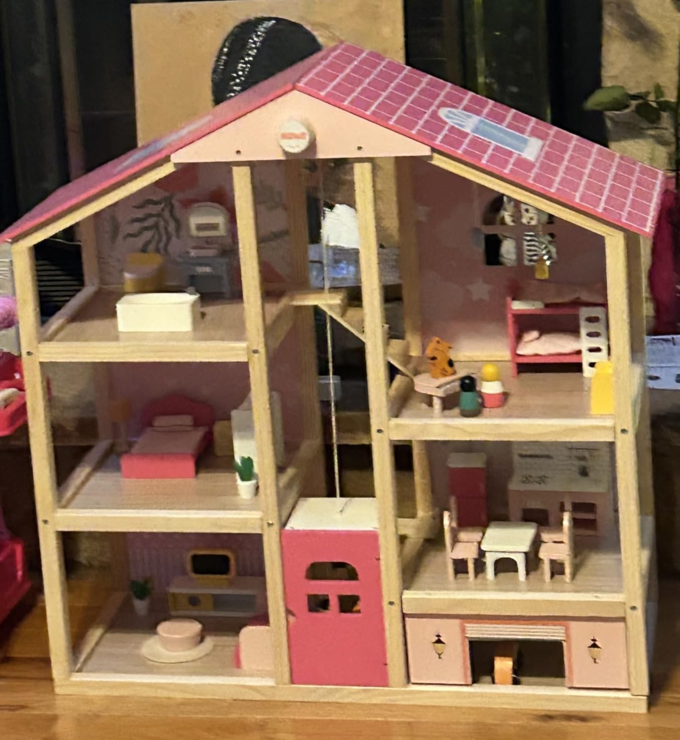 BIERUM Wooden Dollhouse for Girls, Doll House with 5 Rooms Play Toys, Pink customer photo 1