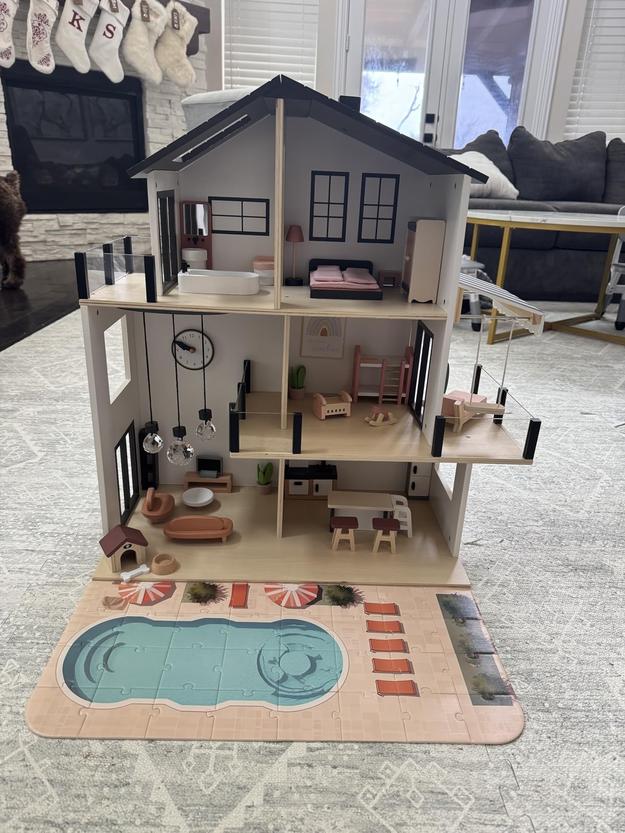 BIERUM Wooden Dollhouse for Girls, Doll House with 5 Rooms Play Toys, Pink customer photo 2