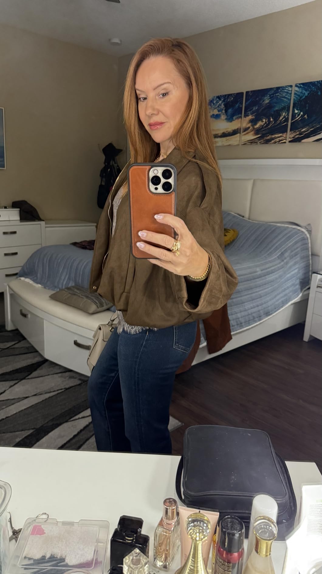 Womens Faux Suede Bomber Jacket Oversized Long Sleeve Cropped Coat customer photo 1