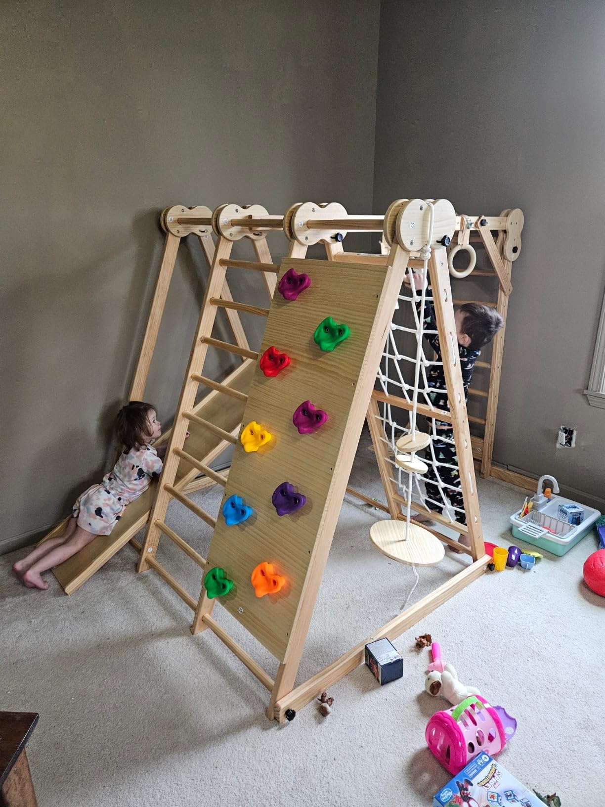 Avenlur 8-in-1 Indoor Play Gym – Toddler Jungle Gym for Kids Ages 2–6 – Indoor Playground Wooden Climbing Playset with Slide, Monkey Bars, Ladder, Rope Ladder, Rock Climbing, Swing, Rings, Disc Swing customer photo 1