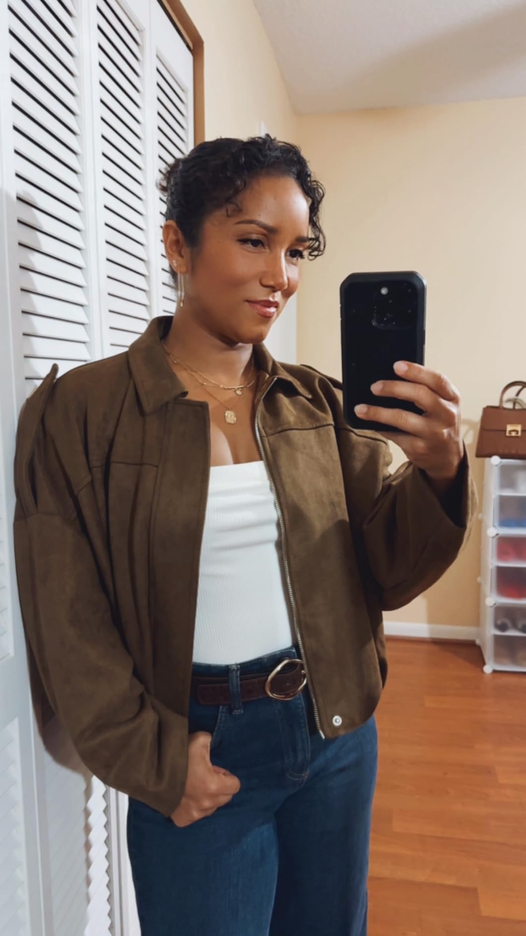 Women Faux Suede Bomber Jacket Oversized Cropped Fall Winter Coat customer photo 1