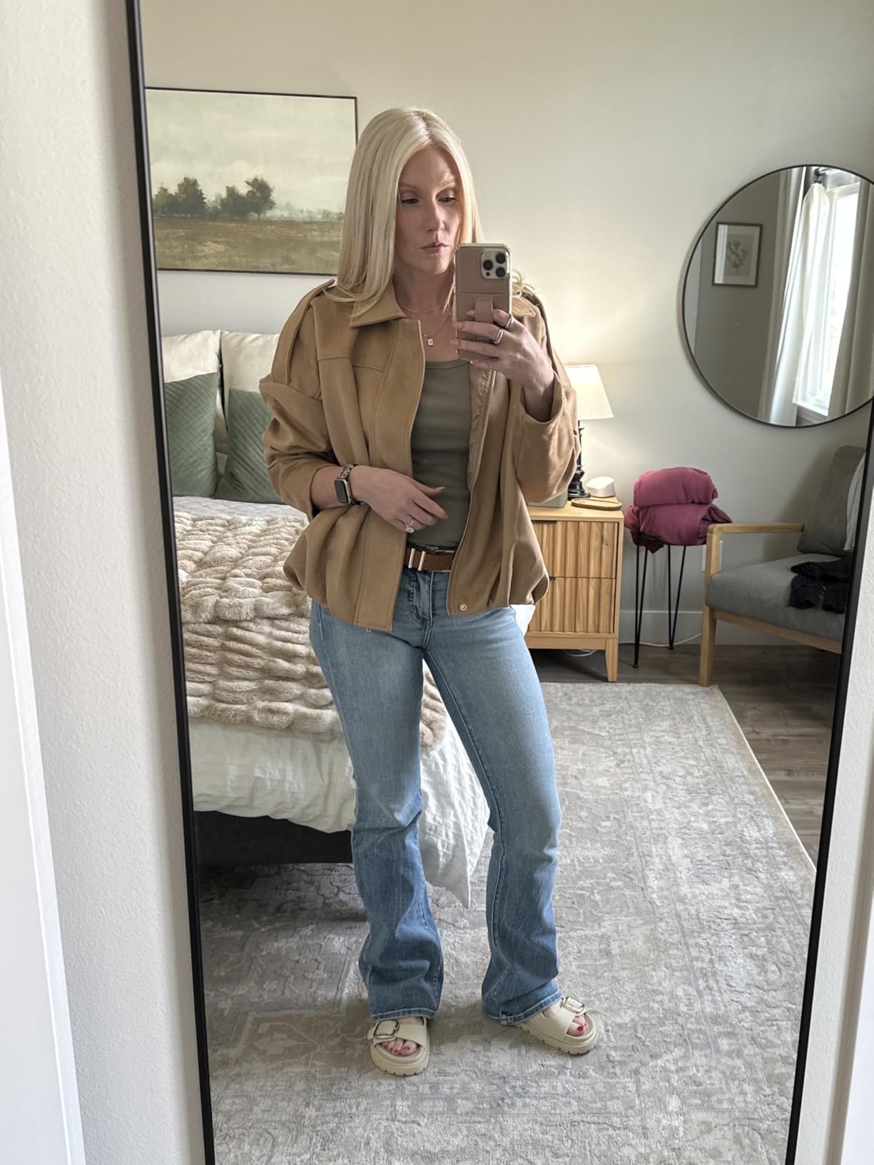 Women Faux Suede Bomber Jacket Oversized Cropped Fall Winter Coat customer photo 1