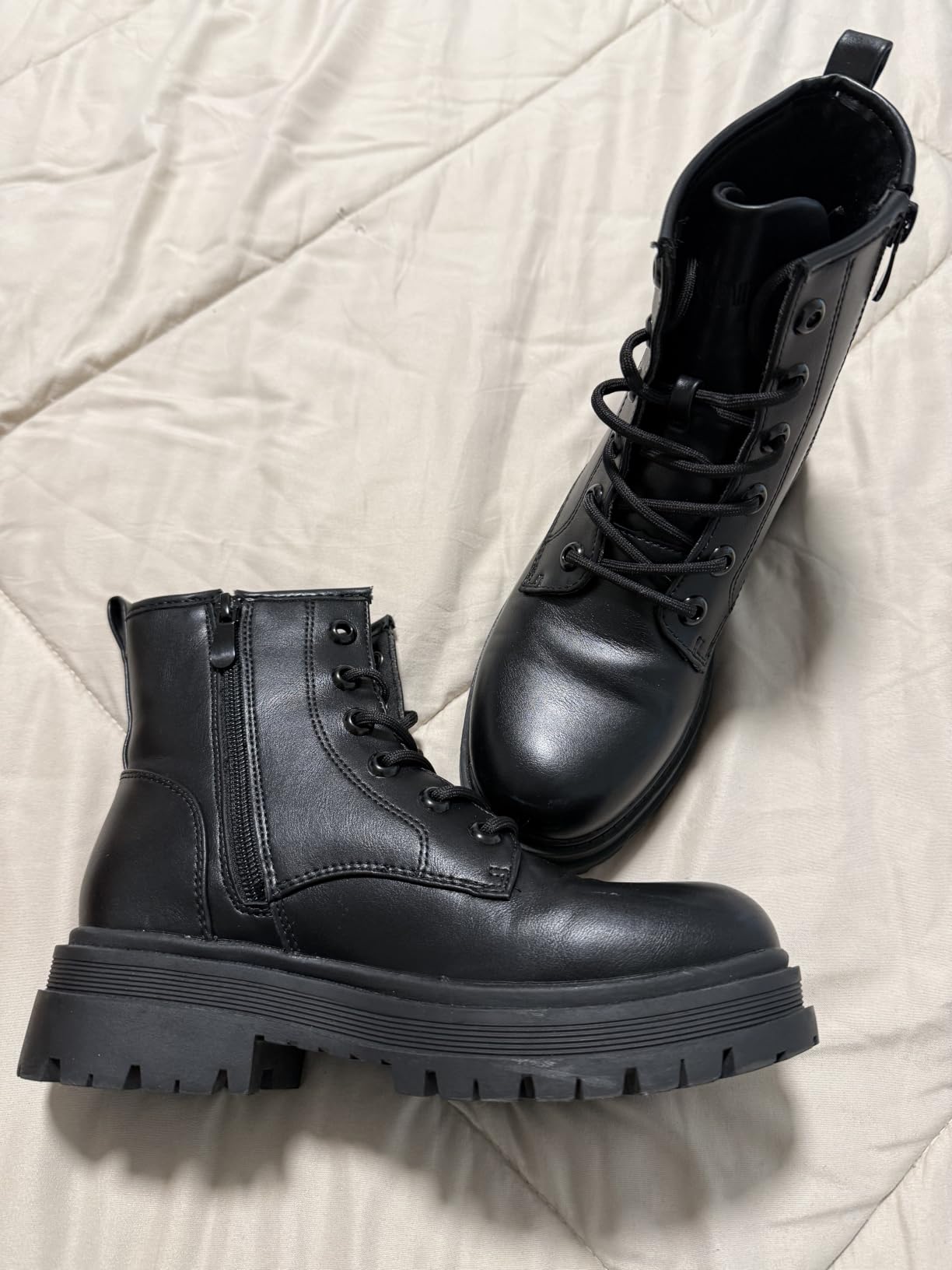 DREAM PAIRS Women's Combat Boots Lace-up Ankle Boots | Platform Side Zipper Lug Sole Boots, Low Chunky Heel Platform Fashion Booties Shoes, Short Booties customer photo 2