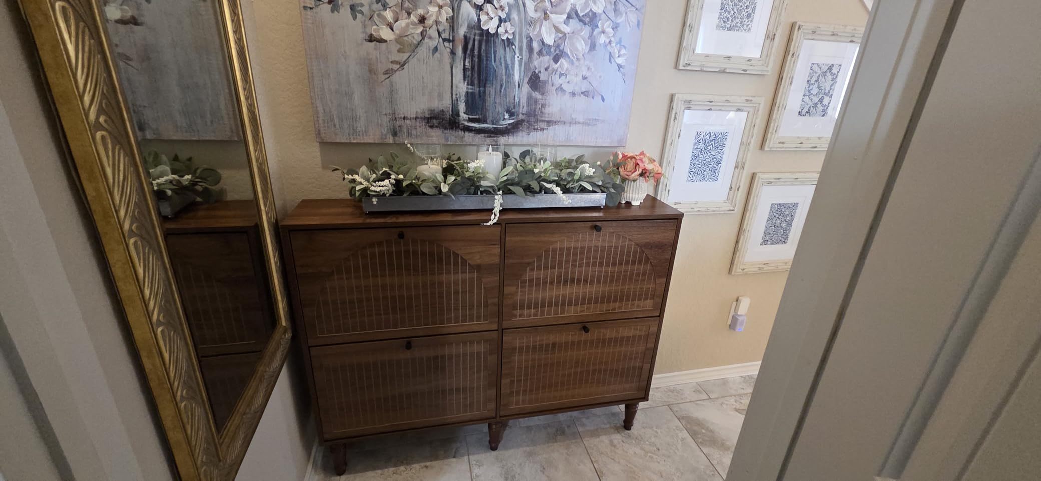 Fsbecl Shoe Storage Cabinet for Entryway with 4 Fluted Flip Drawers, Walnut customer photo 2