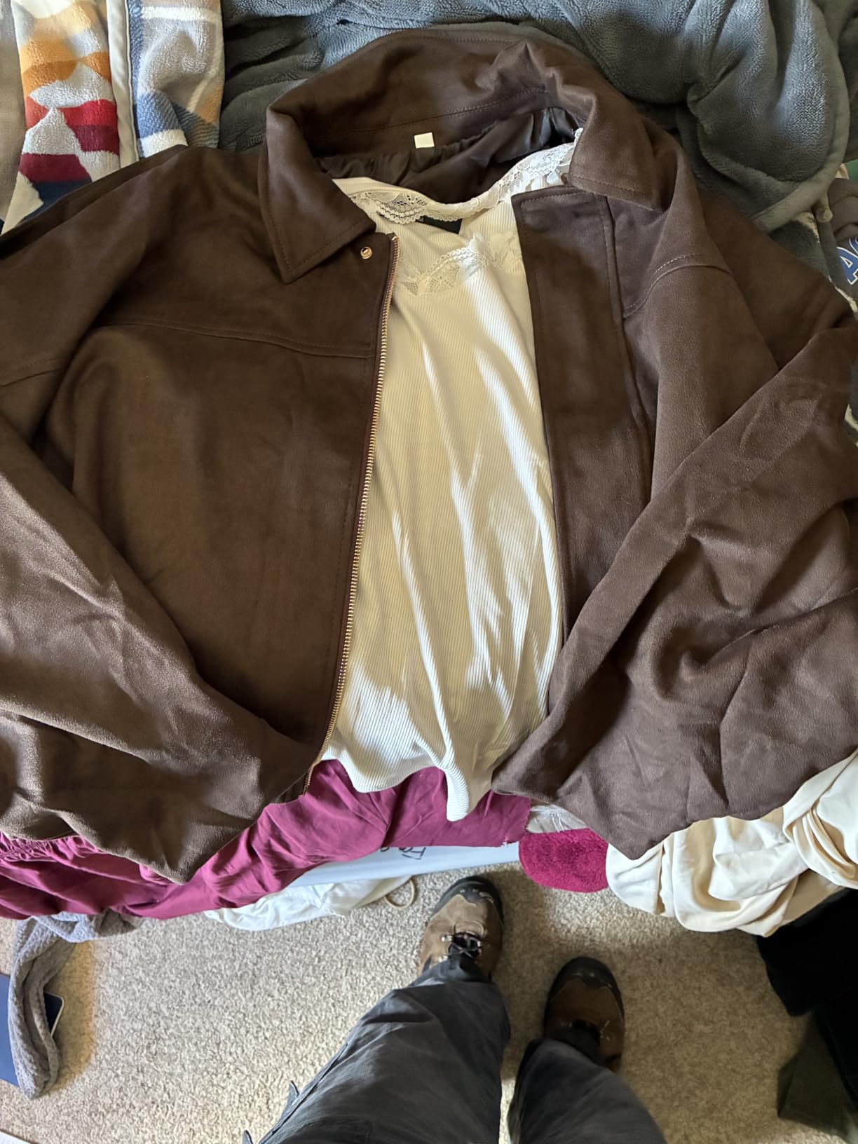 Kissonic Womens Faux Suede Bomber Jacket Oversized Long Sleeve Cropped Coat customer photo 2
