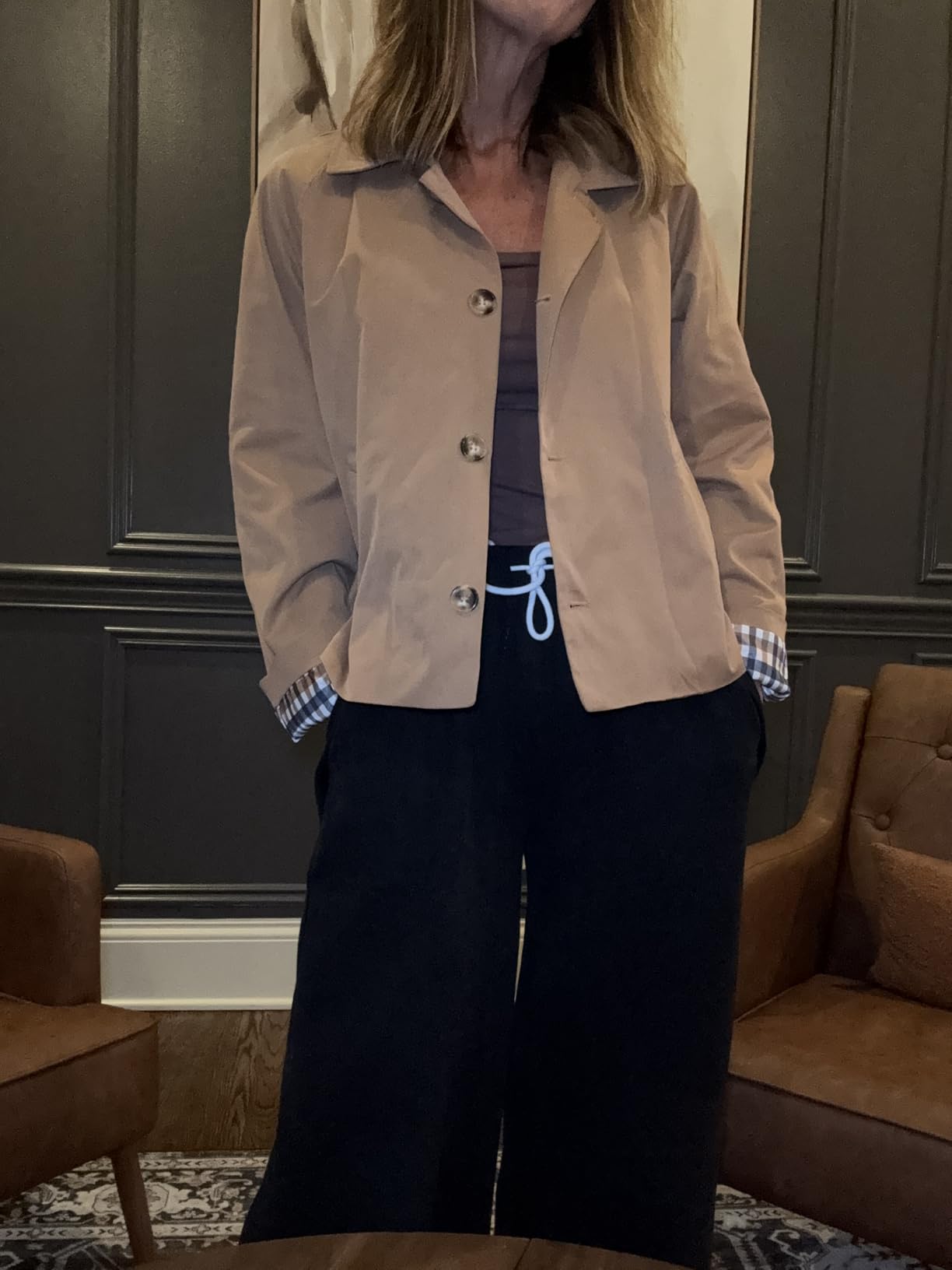 Tankaneo Womens Cropped Trench Coat Lightweight Single Breasted Jackets customer photo 2