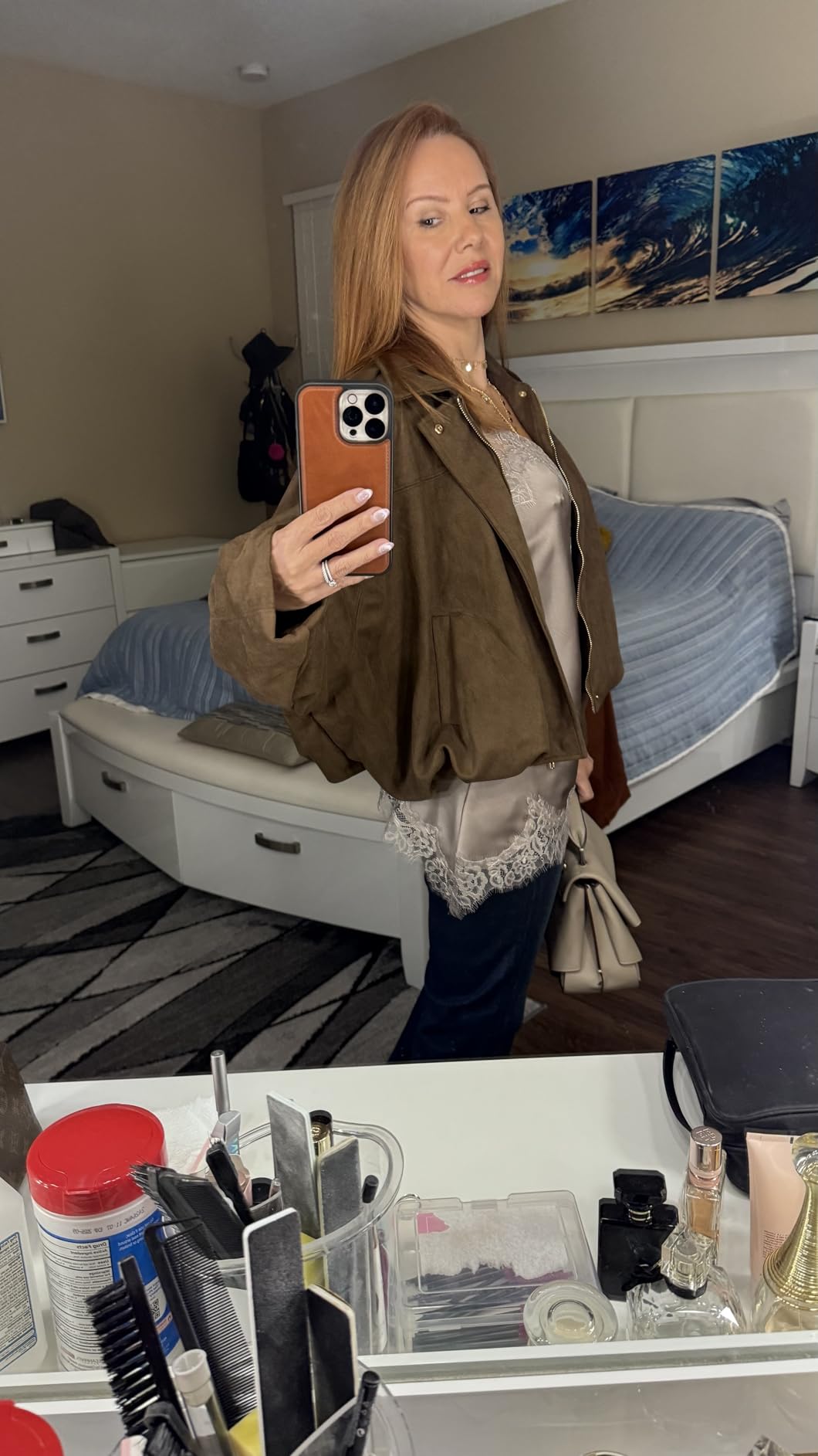 Womens Faux Suede Bomber Jacket Oversized Long Sleeve Cropped Coat customer photo 2