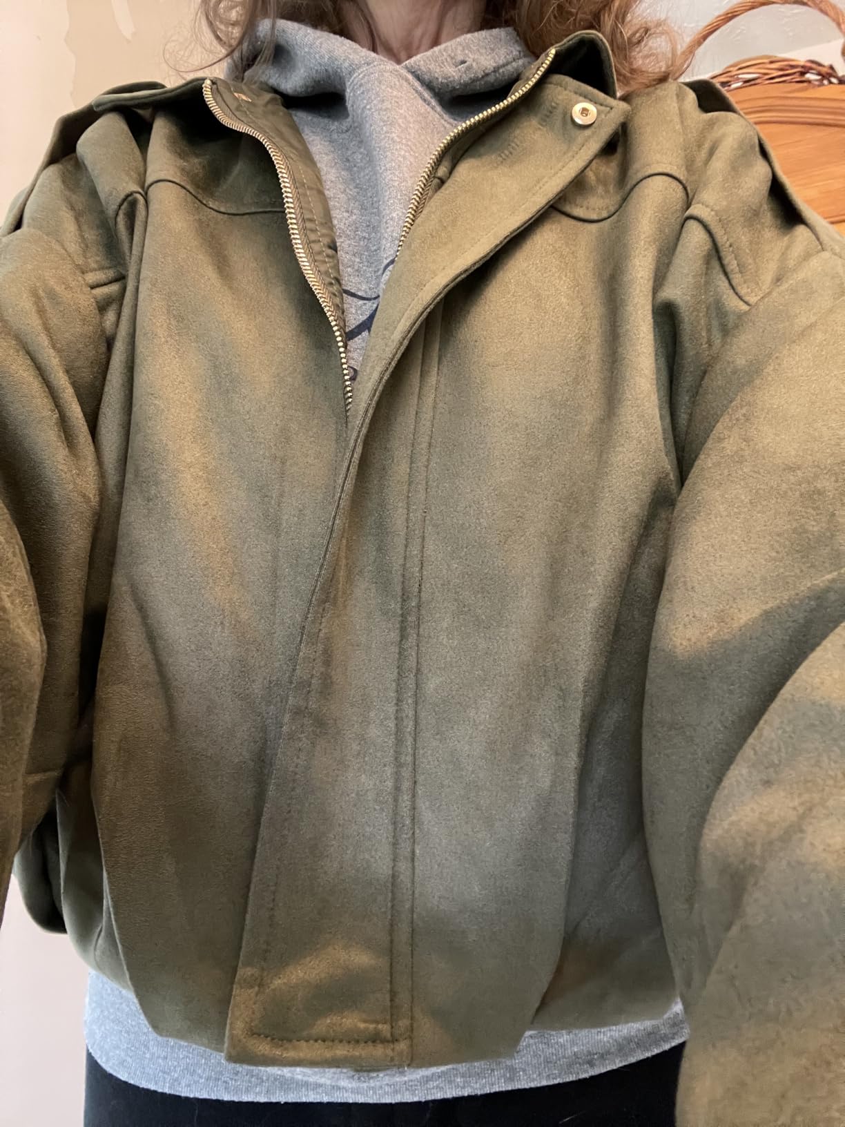 Women's Faux Suede Bomber Jacket, Oversized Casual Lapel Pilot Coat, Long Sleeves Streetwear Outfits customer photo 2