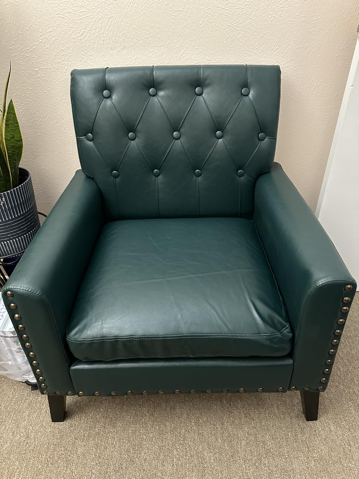 Mid Century Modern Accent Chair, Dark Brown Faux Leather Office Chair for Reception - Tufted Leather Club Chair for Living Room, Bedroom, or Waiting Room customer photo 1