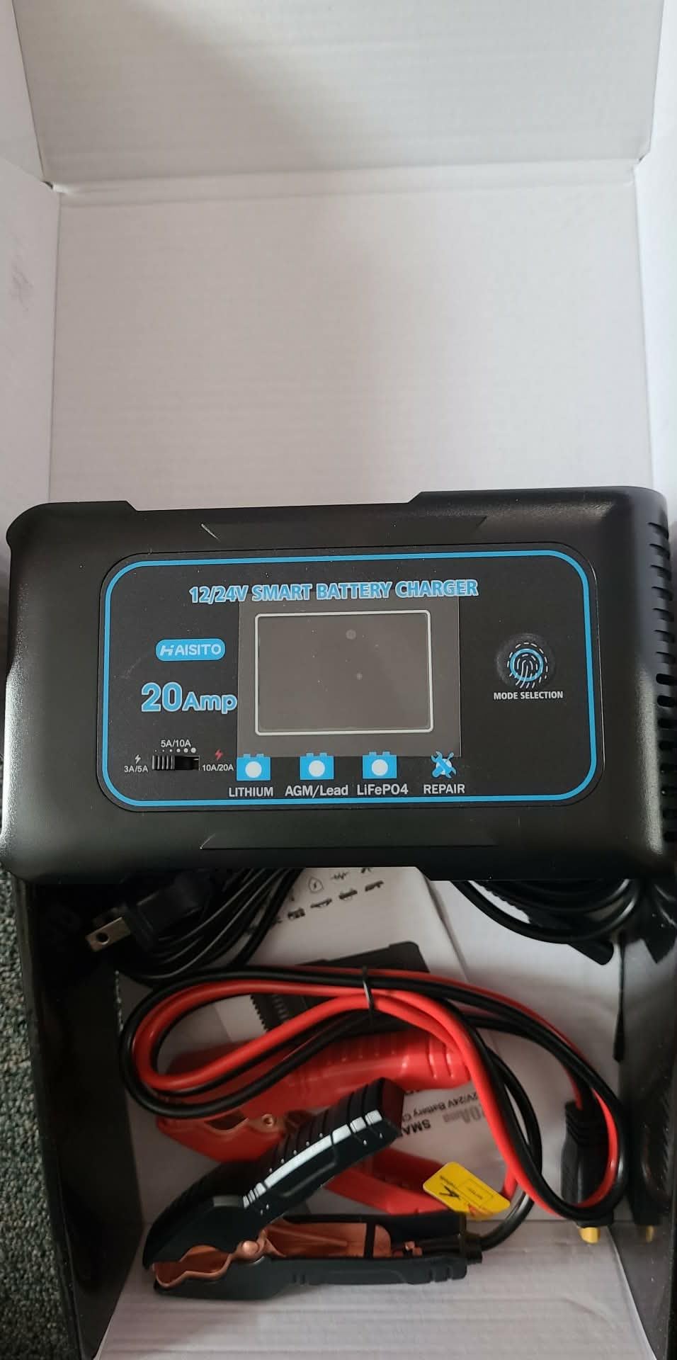 Haisito 20-Amp Smart Battery Charger (Lithium LiFePO4 & Lead-Acid), 12V/24V Rapid Automotive Car Charger with Temperature Compensation - Trickle Maintainer for Boat, Truck, RV, Lawn Mower, Marine customer photo 1