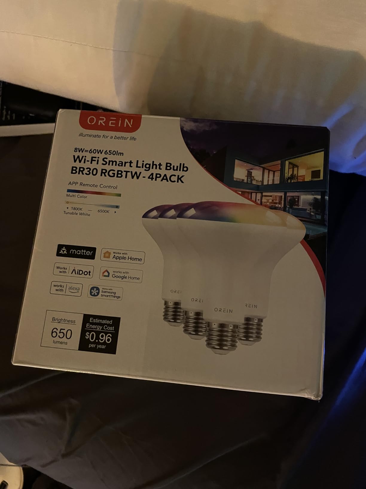 OREiN Matter BR30 Smart Light Bulbs, 60W 650lm RGBTW Color Changing, 4 Pack customer photo 2