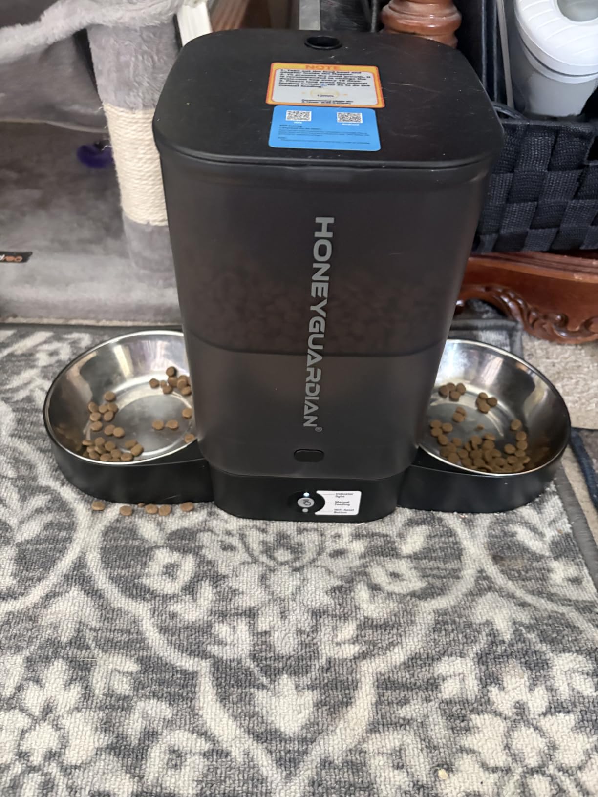 HoneyGuaridan Automatic Cat Feeder for 2 Cats, 2.4/5G WiFi Smart Feed Pet Feeder with Stainless Steel Bowl,APP Control Dispenser, Dual Power Supply,Desiccant Bag,10s Meal Call Black customer photo 1