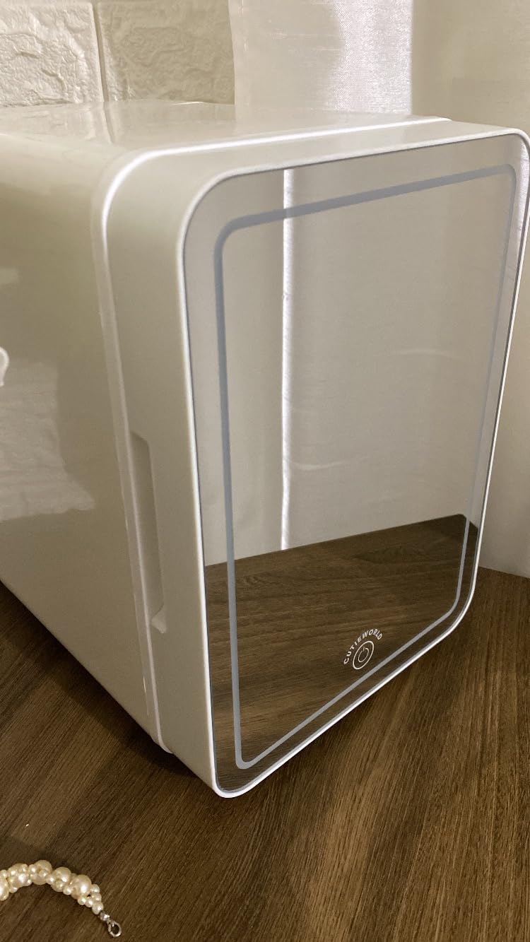 CUTIEWORLD Skincare Fridge with Dimmable LED Light Mirror, 4L Mini Fridge For Desktop, Travel or Cool & Heat, Makeup Fridge for Cosmetics, Skin Care and Food, White customer photo 1