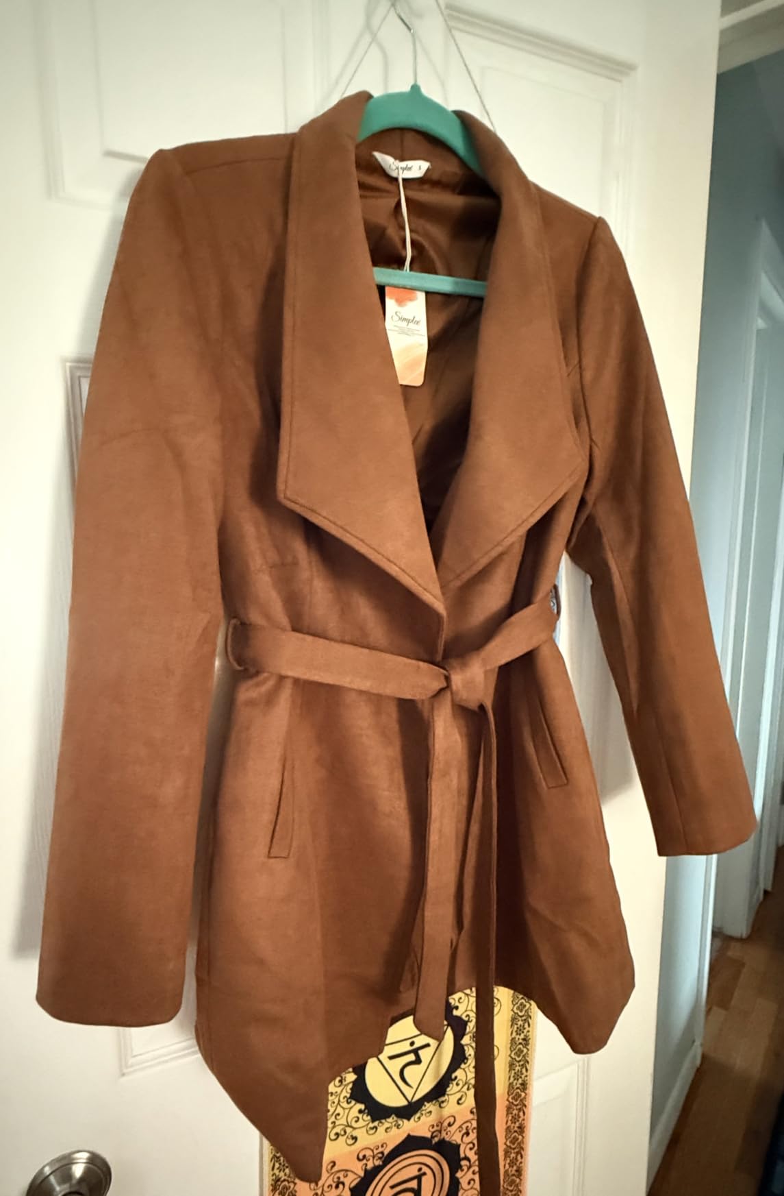 Simplee Womens Faux Suede Jacket Lapel Collar Open Front Belted Tie Waist Trench Coat Casual Fall Outwear with Pockets customer photo 2