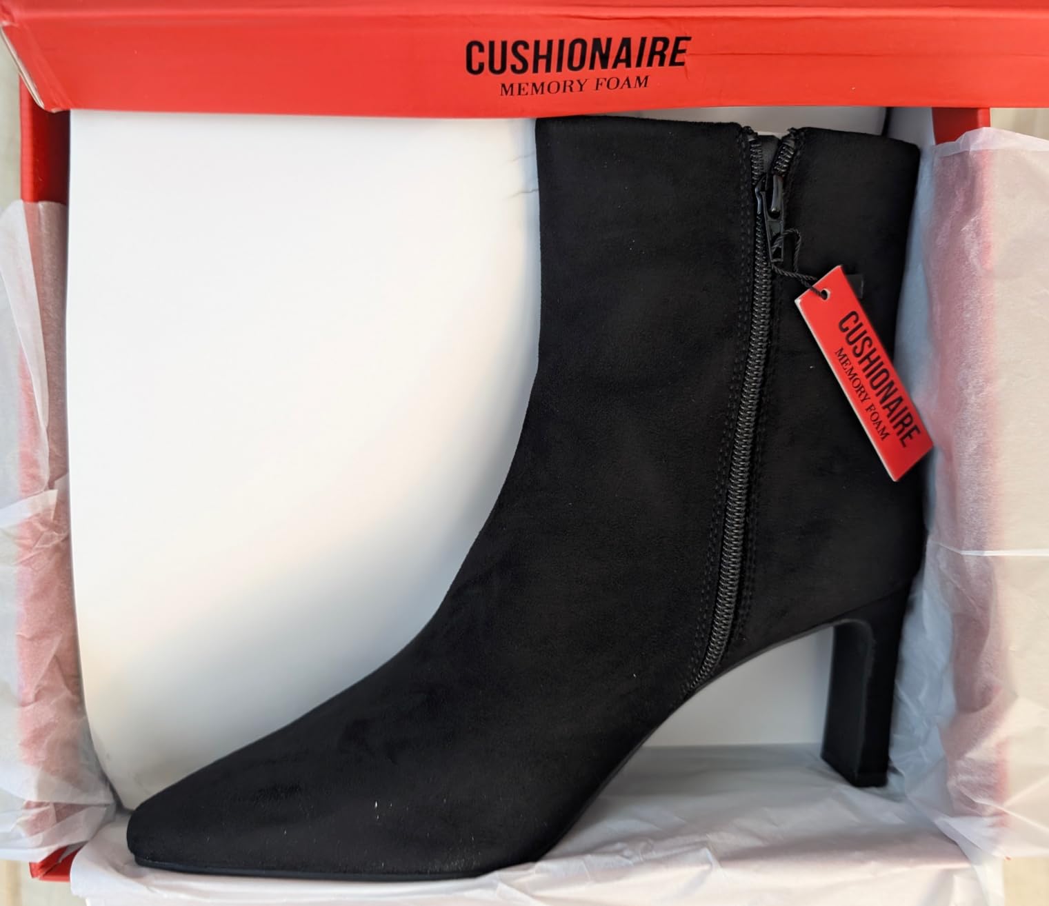 CUSHIONAIRE Giana Womens High Heel Ankle Boots, Square Toe Vegan Suede Mid Block Heel Dress Booties for Office customer photo 2