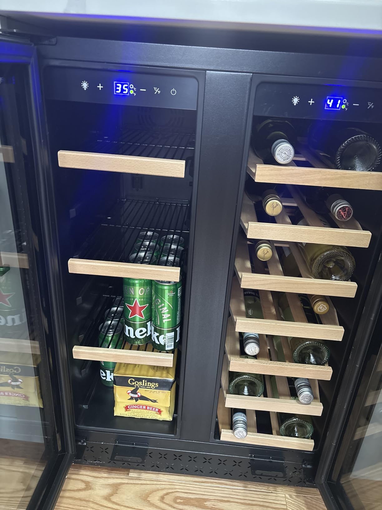 FoMup Wine Fridge Dual Zone, Freestanding Wine Cooler Refrigerator 180 Bottles Large Capacity with Sliding Rail Wooden Shelves and Door Lock, Black customer photo 2