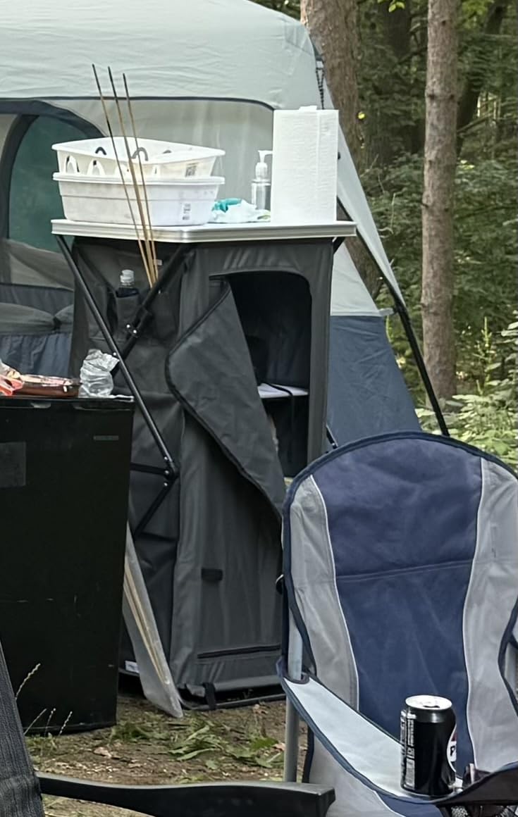 GIANTEX Folding Camping Storage Cabinet with 3 Shelves and Carry Bag, Portable Outdoor Organizer Kitchen Table, Quick Set-up for BBQ, Picnic, Backyard, Compact Pop-Up Cupboard, 47''H customer photo 2
