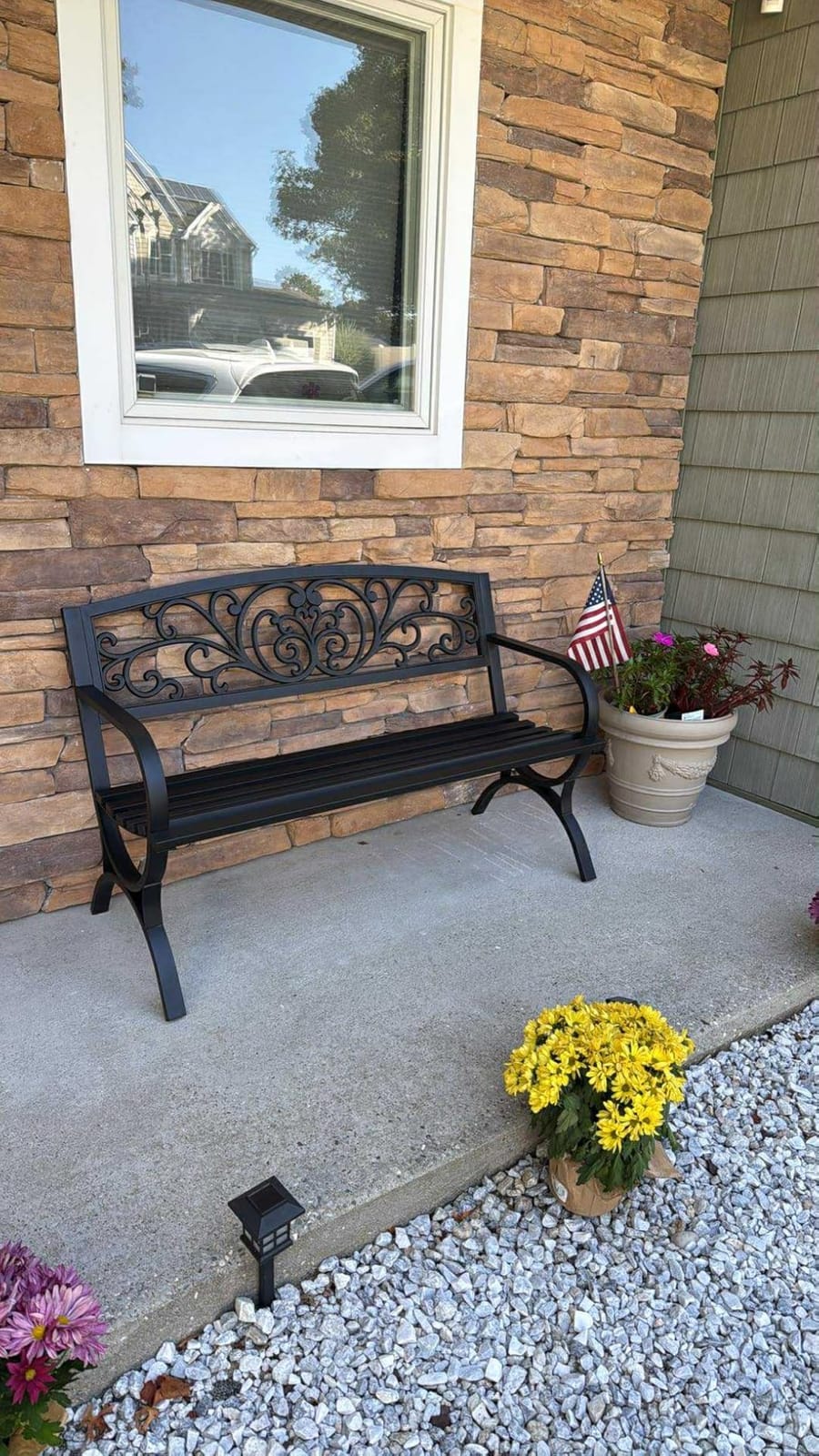 Patio Garden Bench 50 inch Outdoor Metal Loveseat Chairs with Armrests Slatted Seat and w/Floral Design Backrest for Park, Yard, Porch, Lawn, Balcony, Backyard, Black customer photo 2