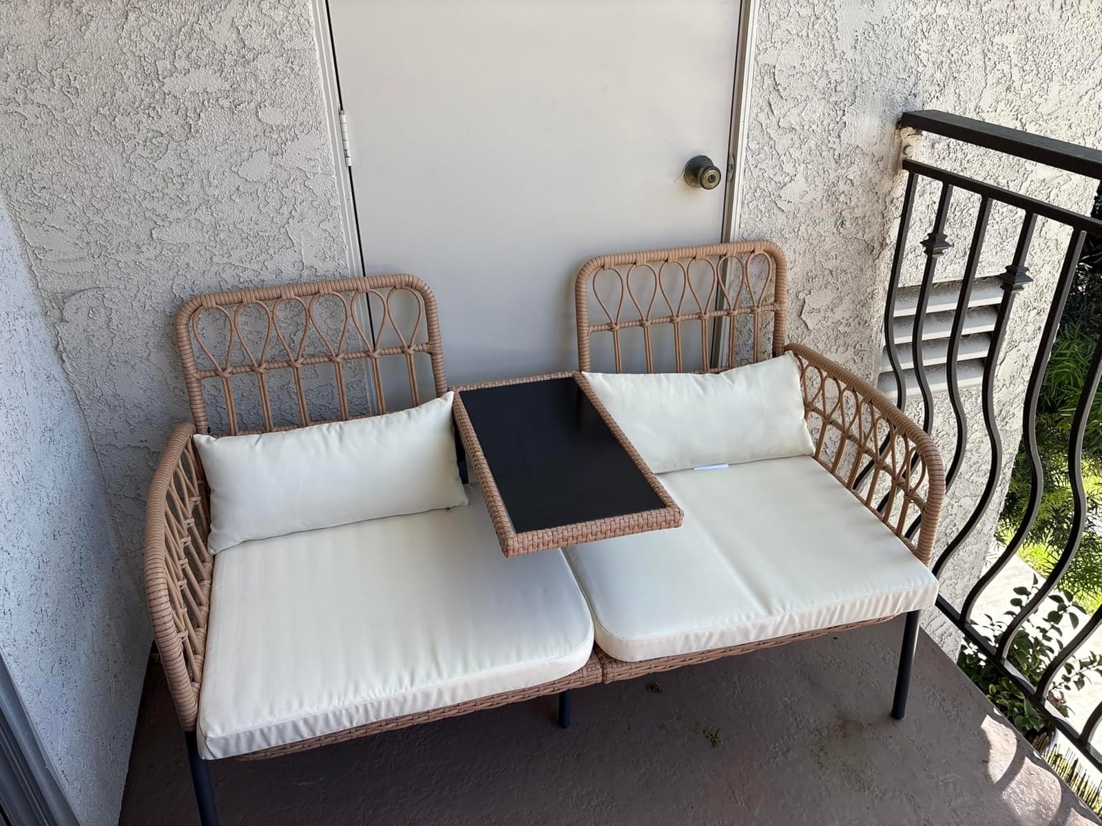 PROHIKER ROHIKER Outdoor Patio Loveseat Rattan Loveseat 2-Seat Furniture with Built-in Table, Lumbar Pillows and Cushions, All-Weather Small Patio Couch for Balcony, Lawn, Backyard customer photo 2