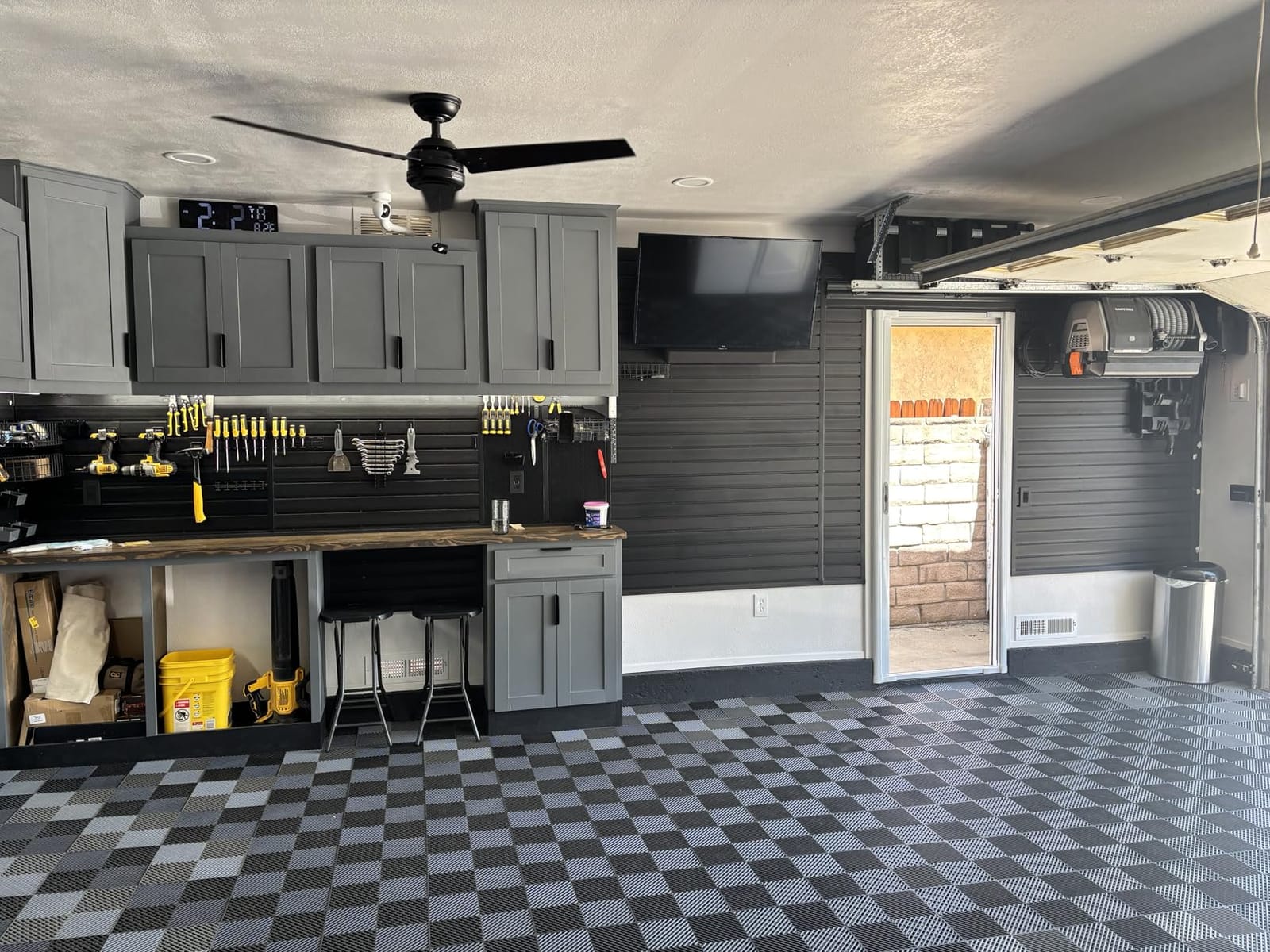 FRAYSCENT Slat Wall Paneling Garage Slat Wall Storage Systems Slatwall Panels Power Tool Organizer Wall Mount, PVC Garage Storage & Organization Products Slate Board (Black, 4ft x 8ft with 15 Hooks) customer photo 1