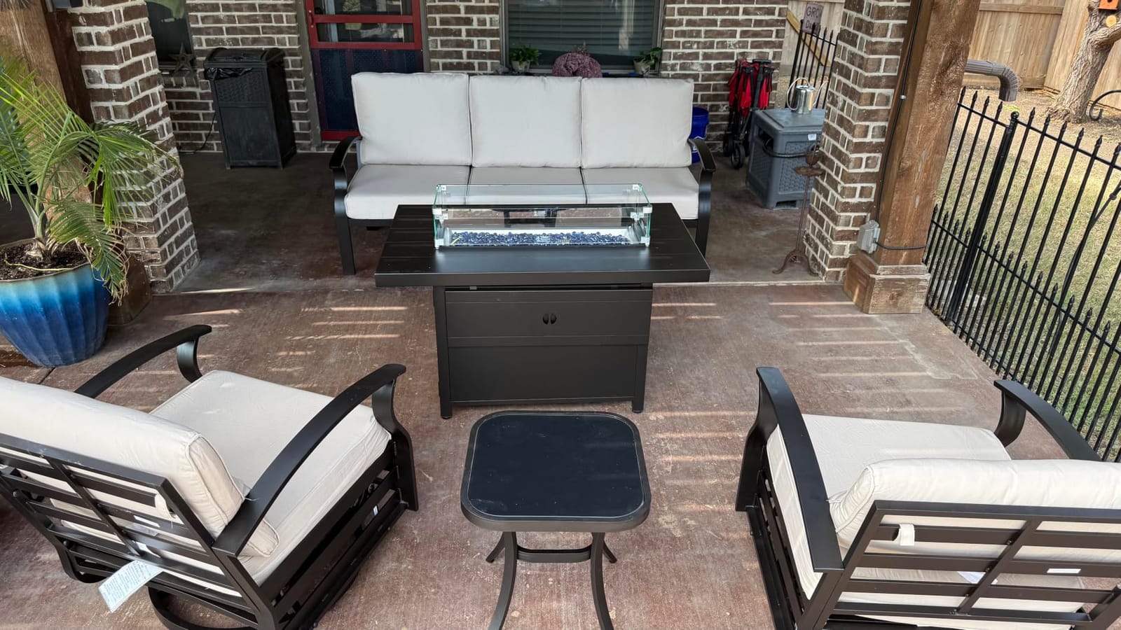 Kurapika 5 Piece Modern Metal Outdoor Conversation Sets, Patio Furniture Set, 4 Aluminum Swivel Chairs w/48in Round Propane Fire Pit Table and Thickened Cushions, Grey customer photo 2