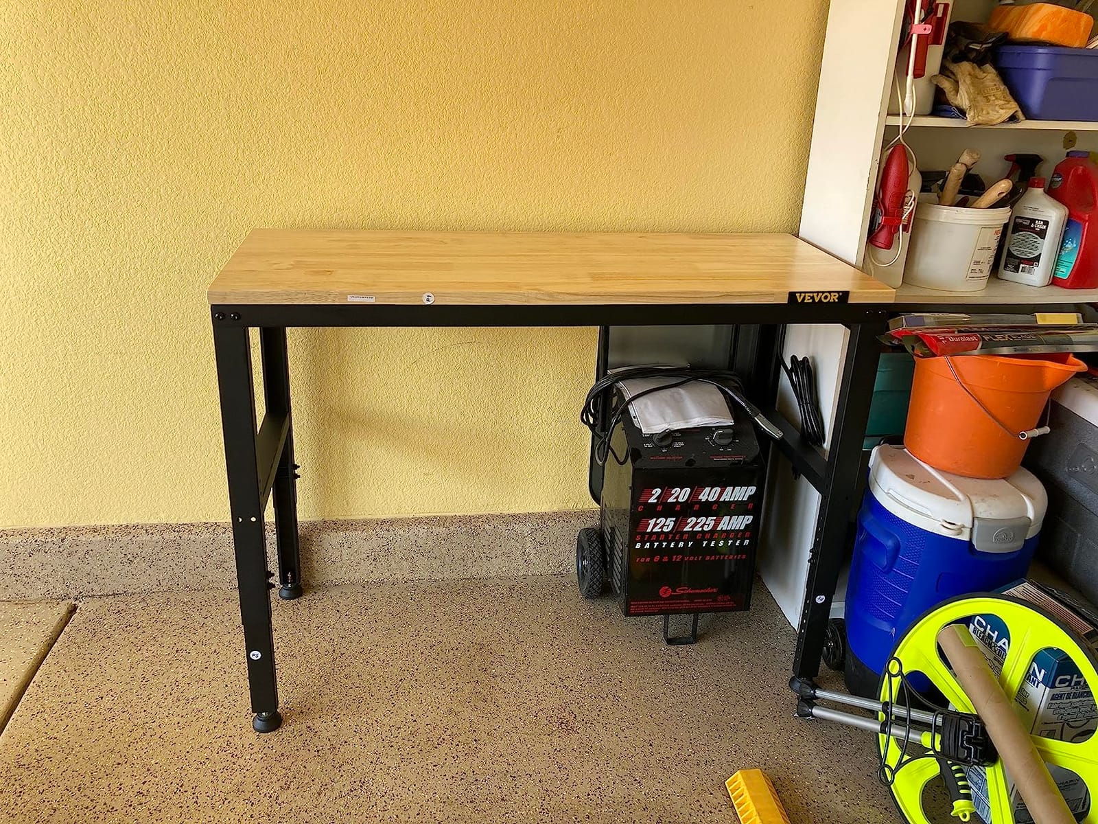 VEVOR Adjustable Workbench on Wheels, 2000 lbs Capacity, 60 x 24 Inch Oak Wood Top Workbench with Drawer & Power Outlets, Heavy-Duty Hardwood Worktable for Garage, Workshop, Home, Office, Commercial customer photo 1