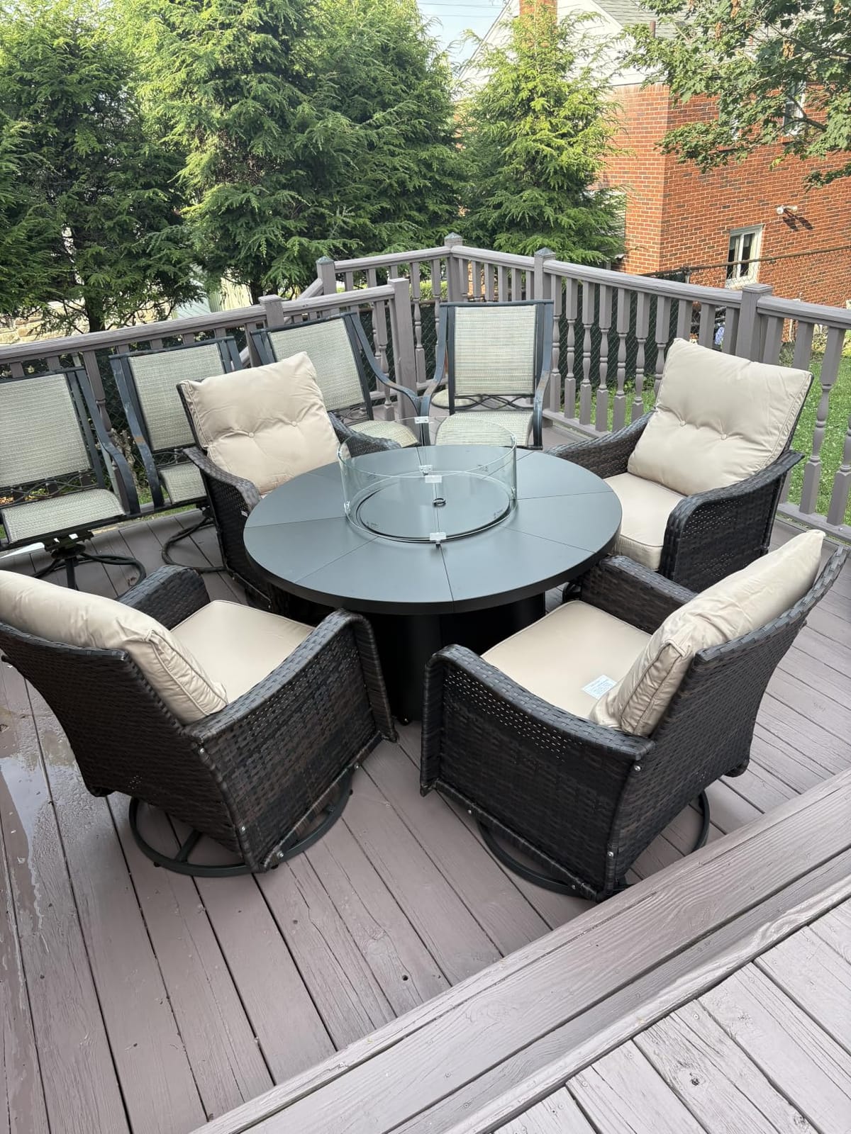 ALAULM 7-Piece Outdoor Swivel Rocking Chair Set with 40,000 BTU Round Fire Pit Table, Patio Furniture Set, Wicker Patio Chairs with Side Table for Poolside, Deck, Backyard, and Garden—Grey customer photo 2