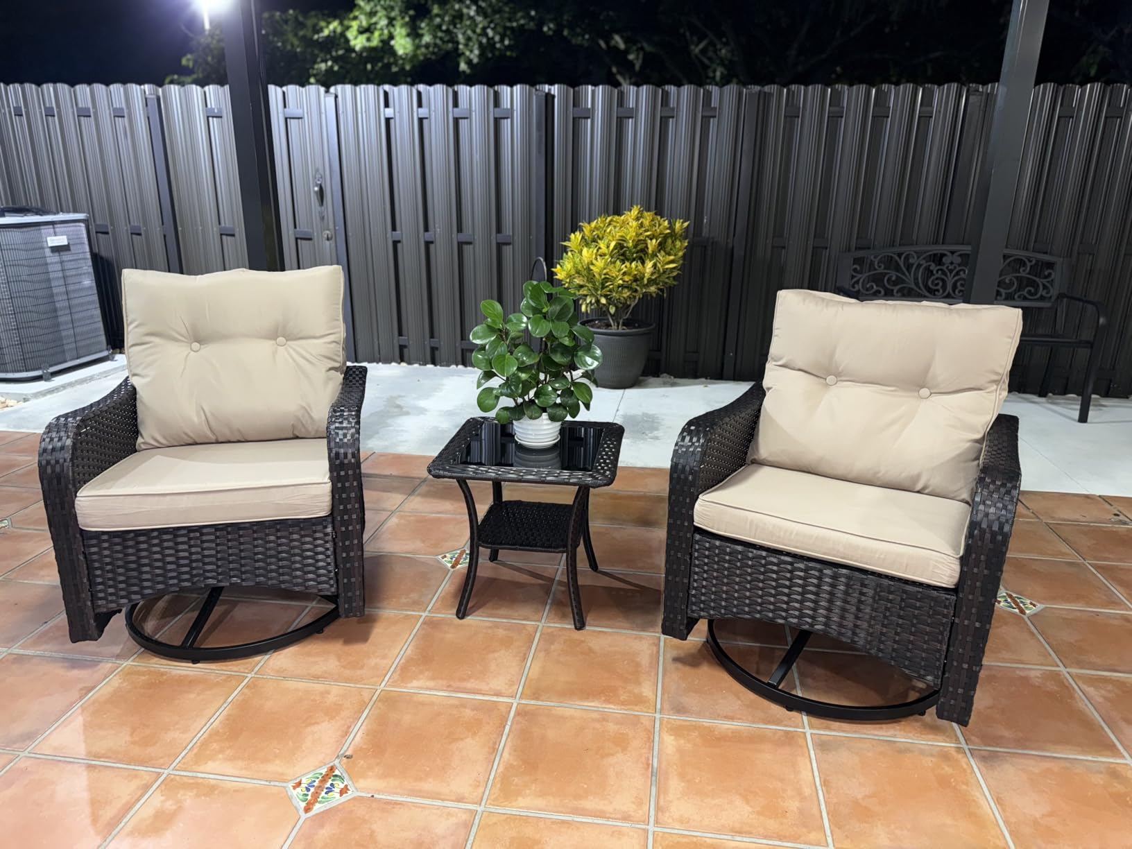 Gotland Outdoor Swivel Chairs Set of 2, 7-Pieces Patio Furniture Set with Round Fire Pit Table Rattan Coffee Table Thick Cushion, Outdoor Swivel Rocker Wicker Patio Bistro Set for Balcony Porch, Navy customer photo 2